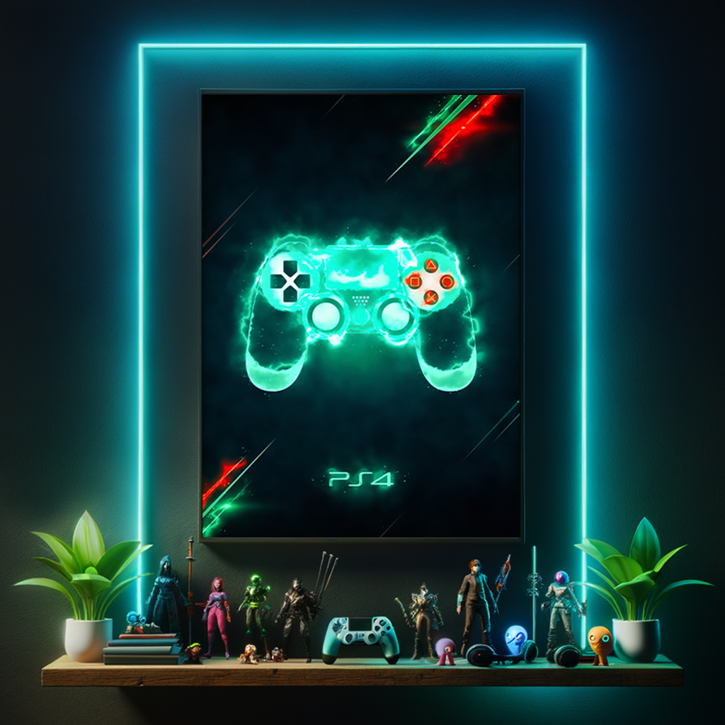 Artknight | Enhance your gaming decor with the 'Control PlayStation 4 Game' poster. This striking design features the iconic PS4 controller, making it an essential addition for any PlayStation fan. Perfect for personalizing your room or game area, celebrate your passion for gaming and showcase your favorite console in style!